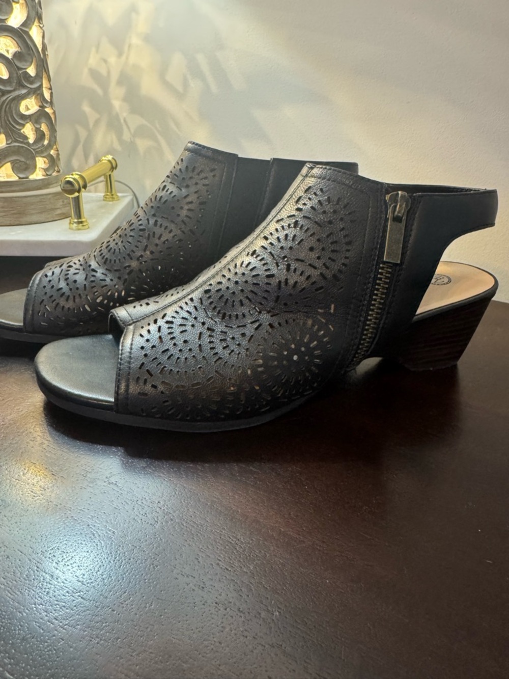 Bella Vita Black Perforated Open-Toe Slingback Mules